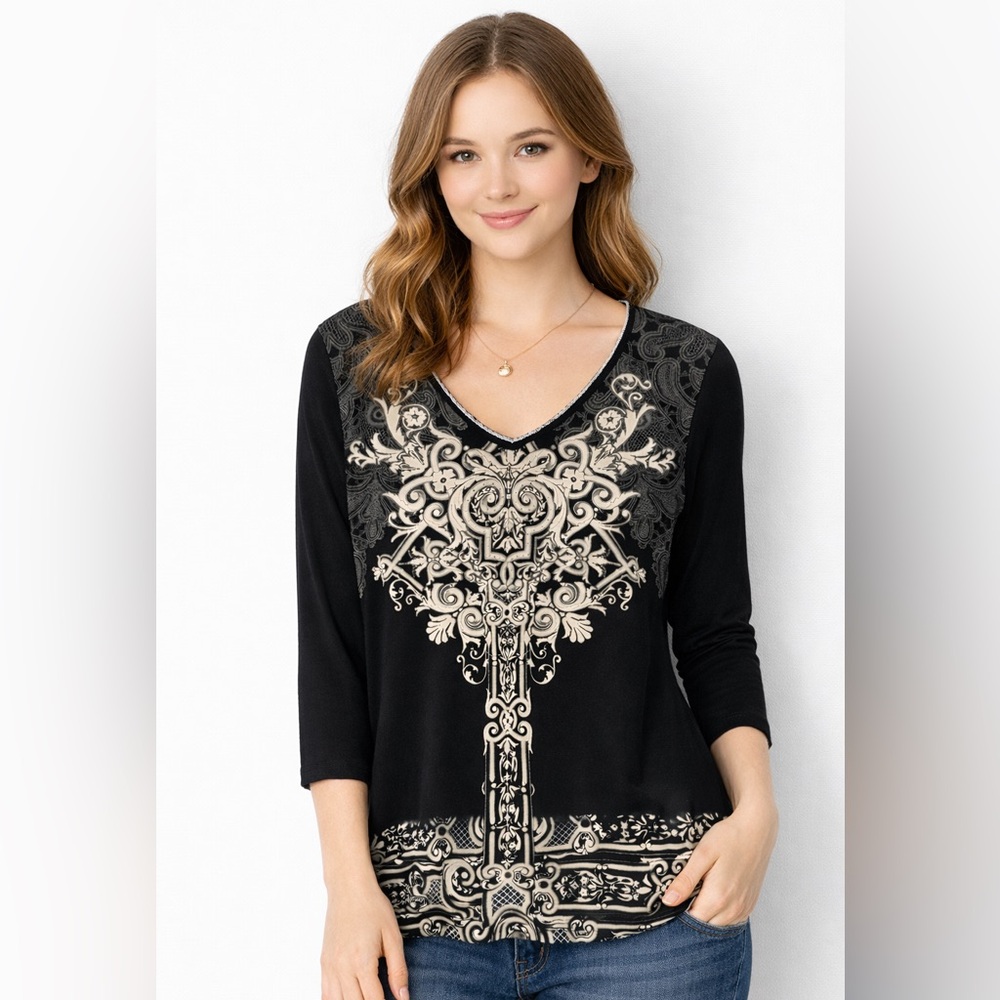 Y2K Skinny Minnie Rhinestone Graphic Top Baroque Cross Print Ruched 3/4 Sleeve